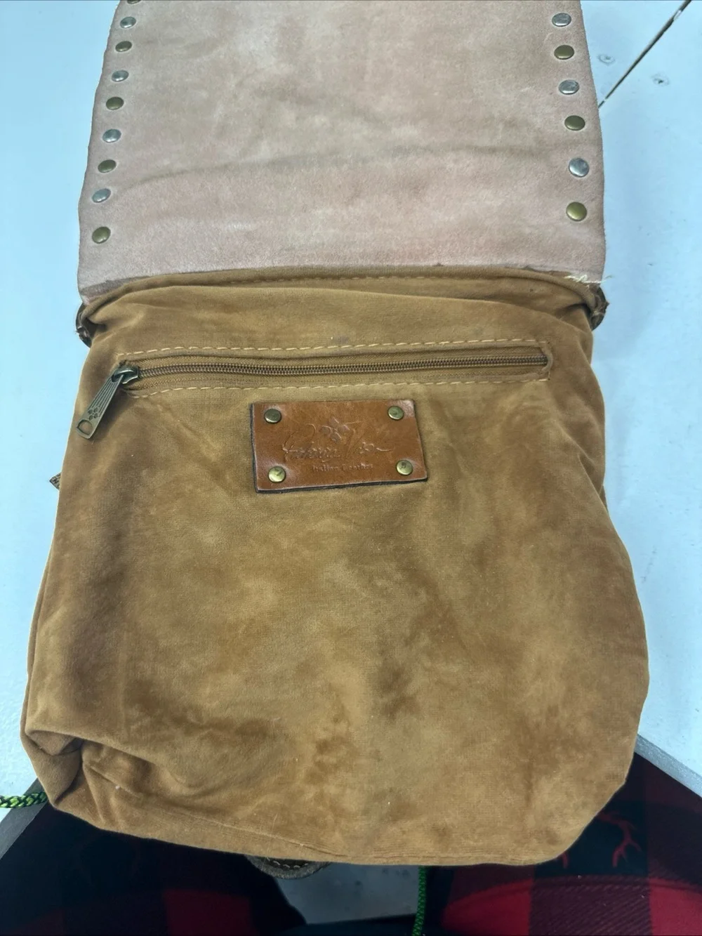 Patricia Nash  Studded Tan Leather  Flap Over Crossbody Handbag